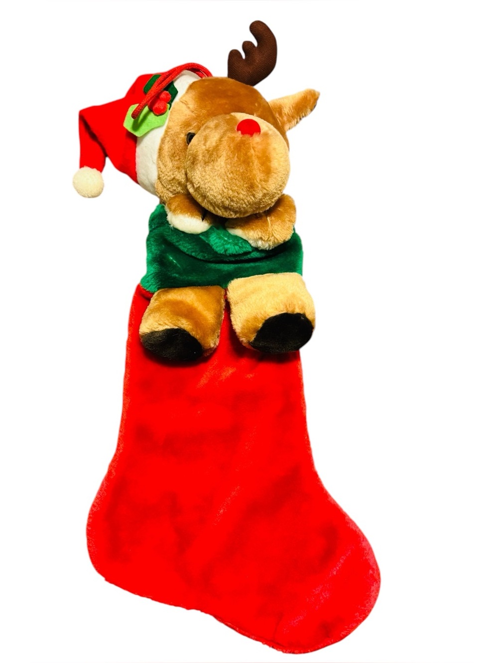 Vintage Chosun Plush Reindeer Christmas Stocking Holiday 23 Inch